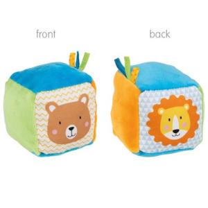 CUBE SENSORIEL EN TISSU JAUNE/ BLEU IMPRESSION ANIMAUX