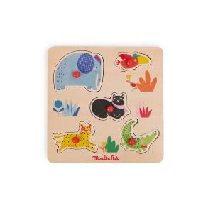 PUZZLE EN BOIS ENCASTRABLE CINQ ANIMAUX "Les Toupitis"