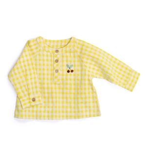 BLOUSE VICHY JAUNE BRODERIE CERISES "Pomme des Bois"