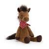 peluche cheval bai brun portant un bandana rouge à pois blancs peluche cheval bai brun portant un bandana rouge à pois blancs
